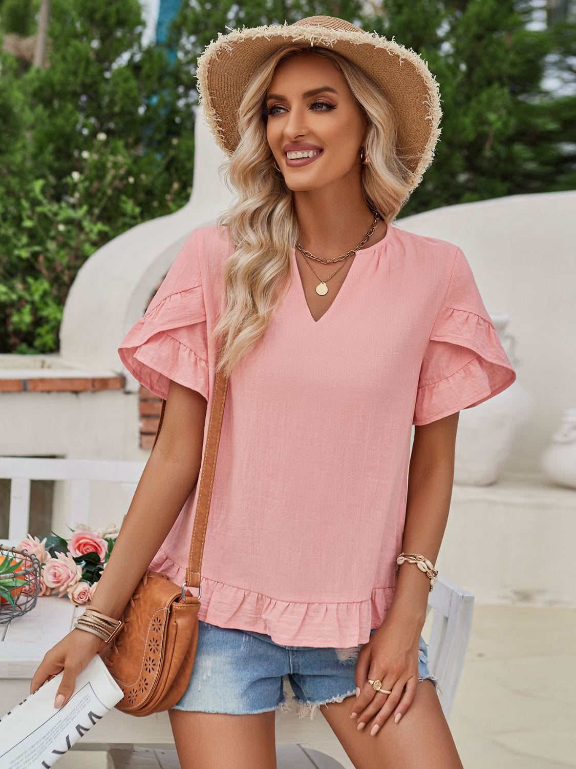 Trendsi Ruffled Notched Petal Sleeve Blouse