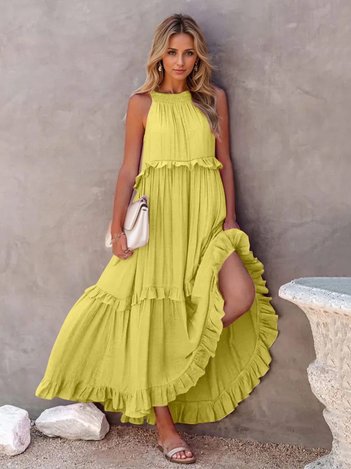 Trendsi Ruffled Sleeveless Tiered Maxi Dress with Pockets