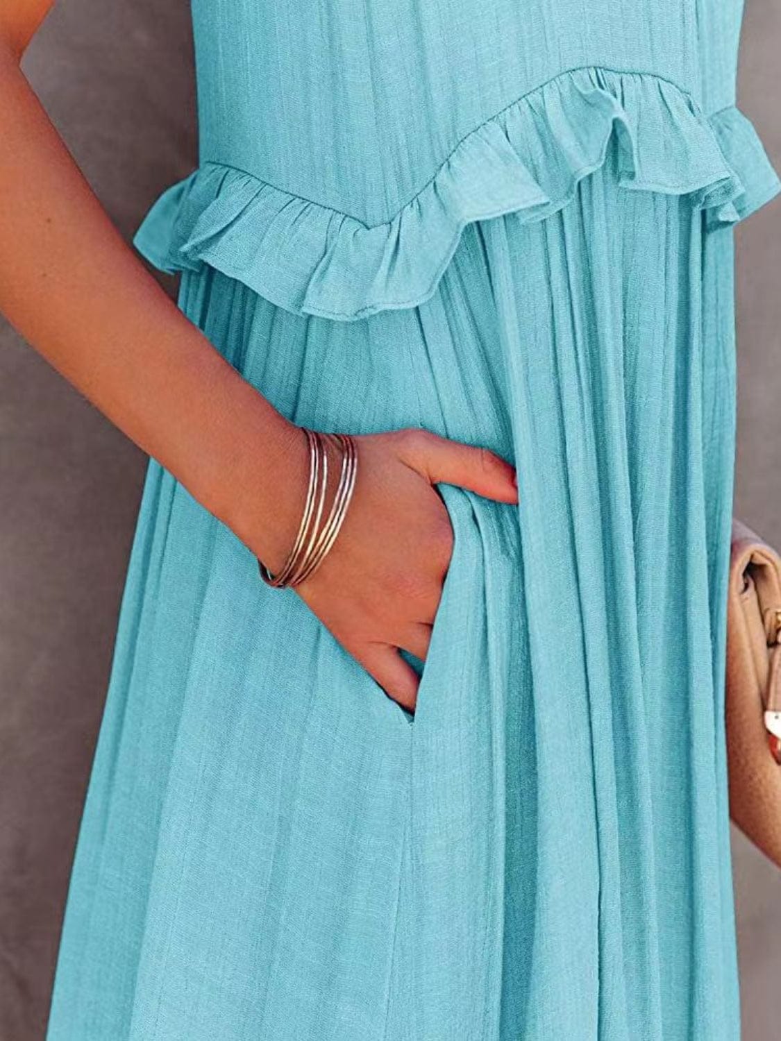 Trendsi Ruffled Sleeveless Tiered Maxi Dress with Pockets