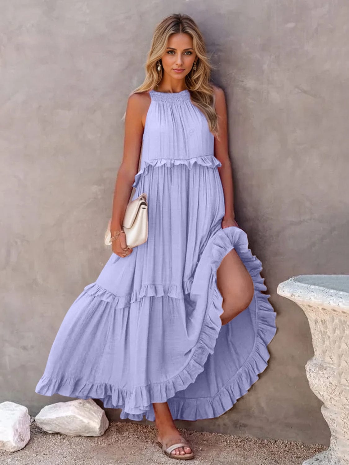 Trendsi Ruffled Sleeveless Tiered Maxi Dress with Pockets