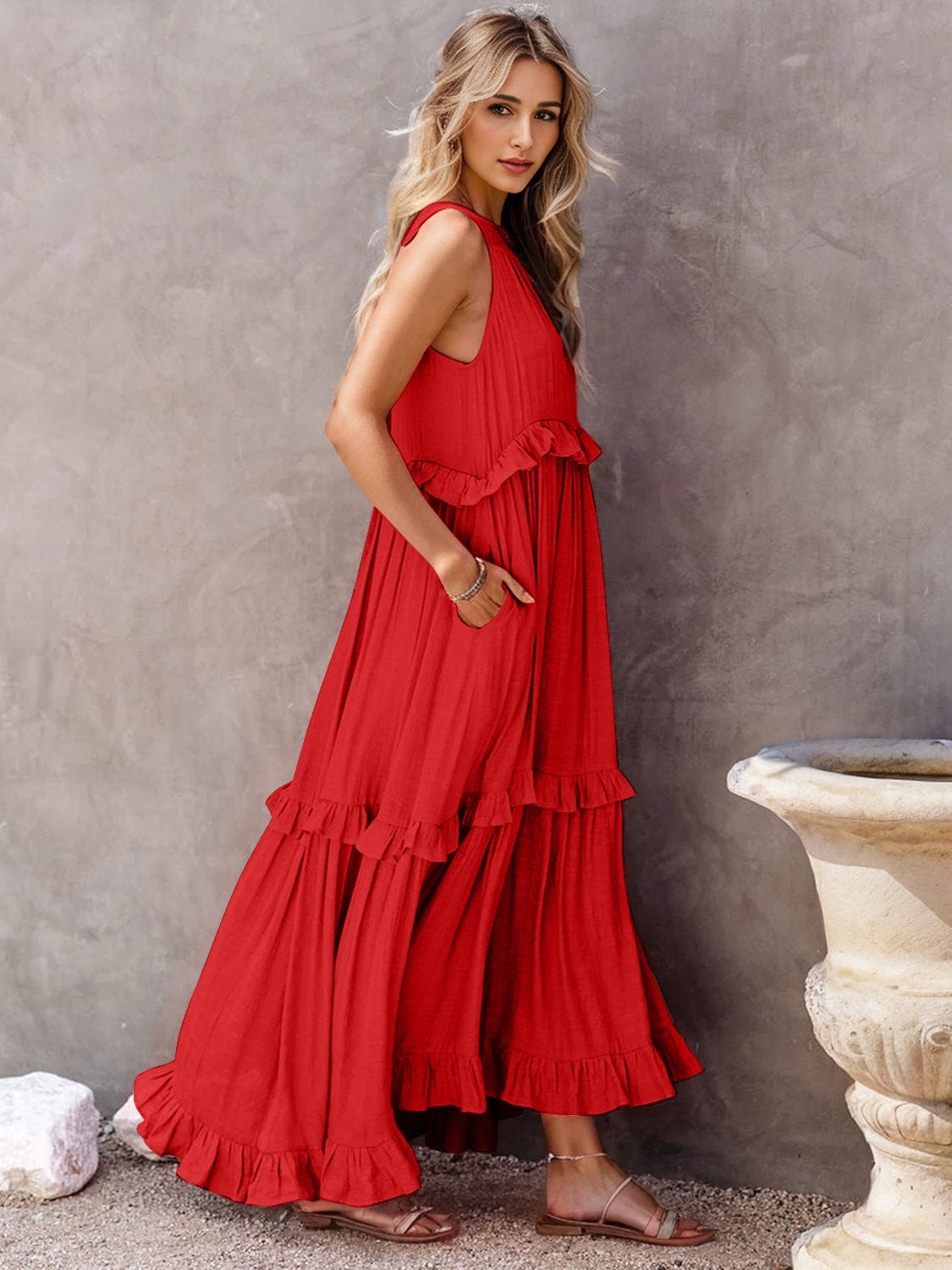 Trendsi Ruffled Sleeveless Tiered Maxi Dress with Pockets