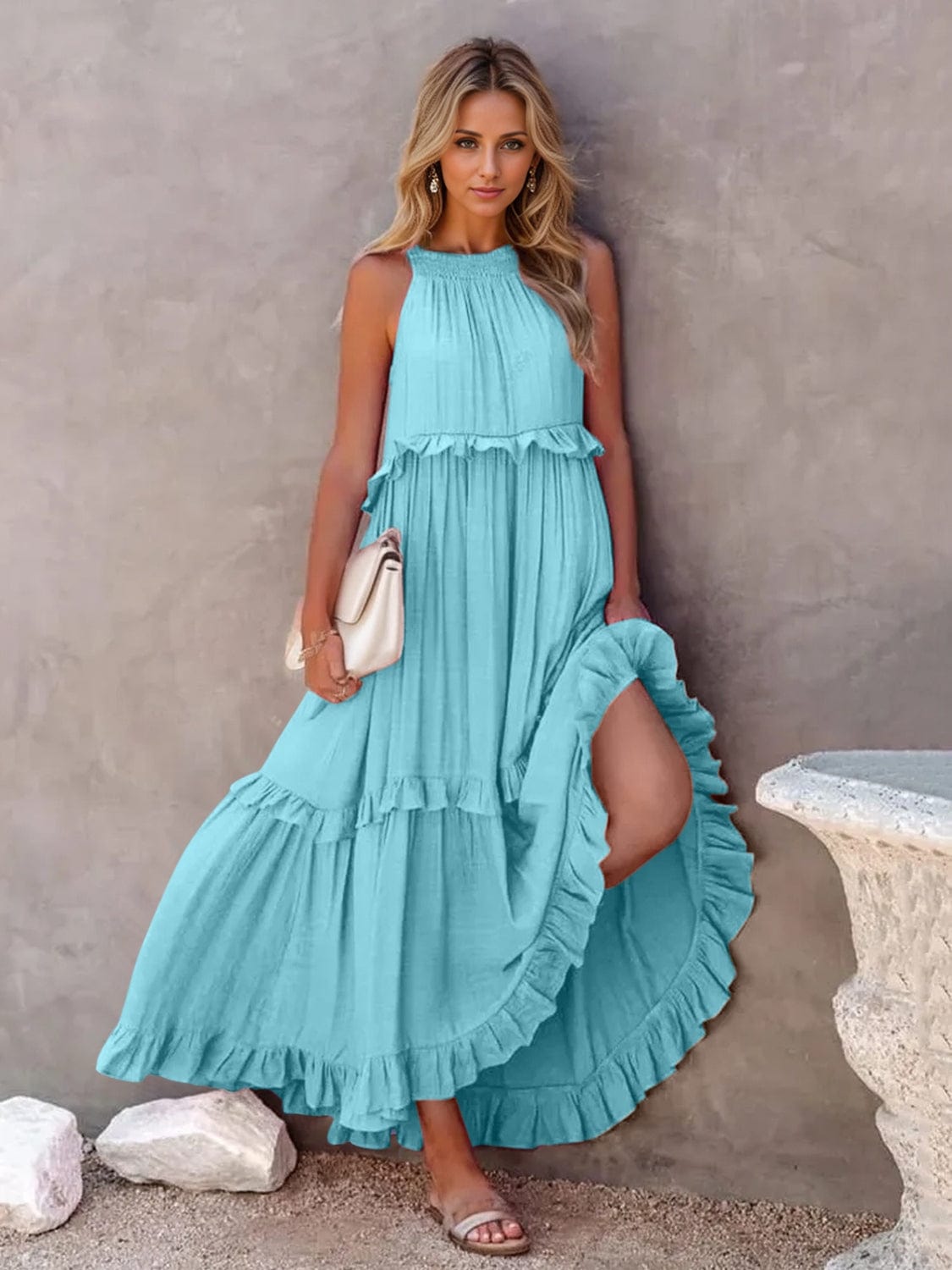 Trendsi Sky Blue / S Ruffled Sleeveless Tiered Maxi Dress with Pockets