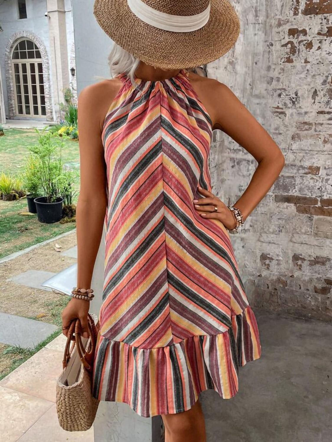 Trendsi Striped Grecian Neck Dress