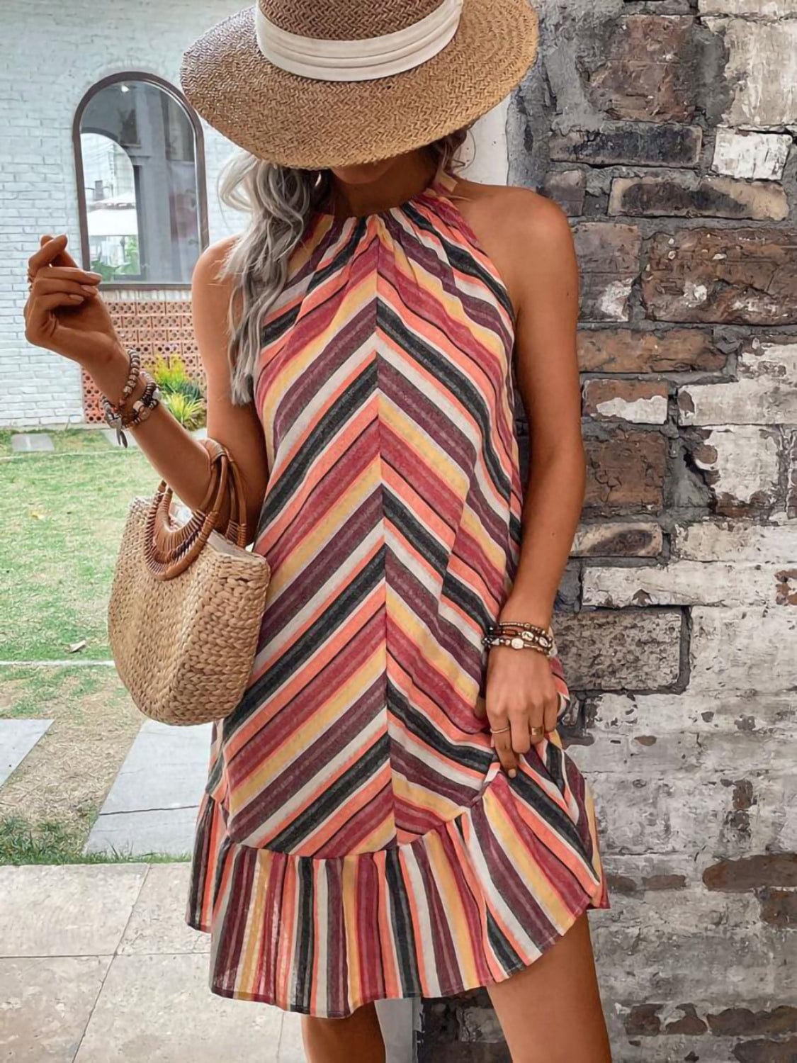 Trendsi Striped Grecian Neck Dress