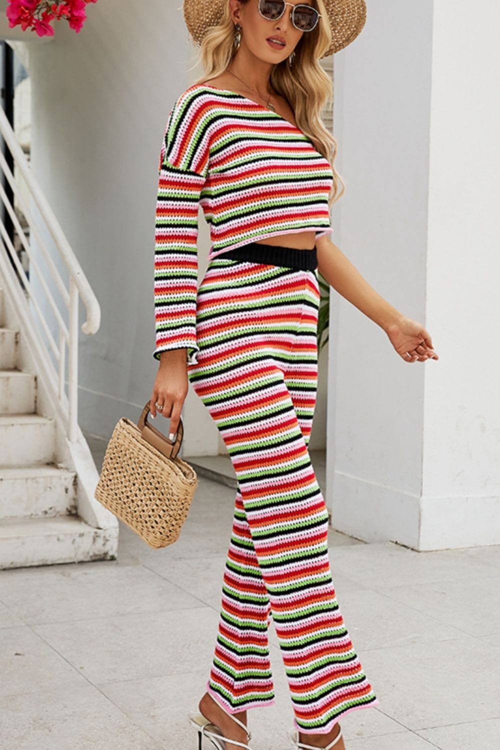 Trendsi Striped Single Shoulder Top and Pants Knit Set