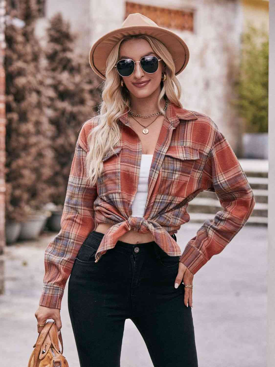 Trendsi Tops Brick Red / S Plaid Dropped Shoulder Longline Shirt