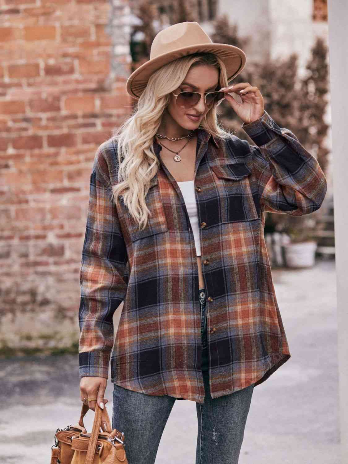 Trendsi Tops Brown Black / S Plaid Dropped Shoulder Longline Shirt