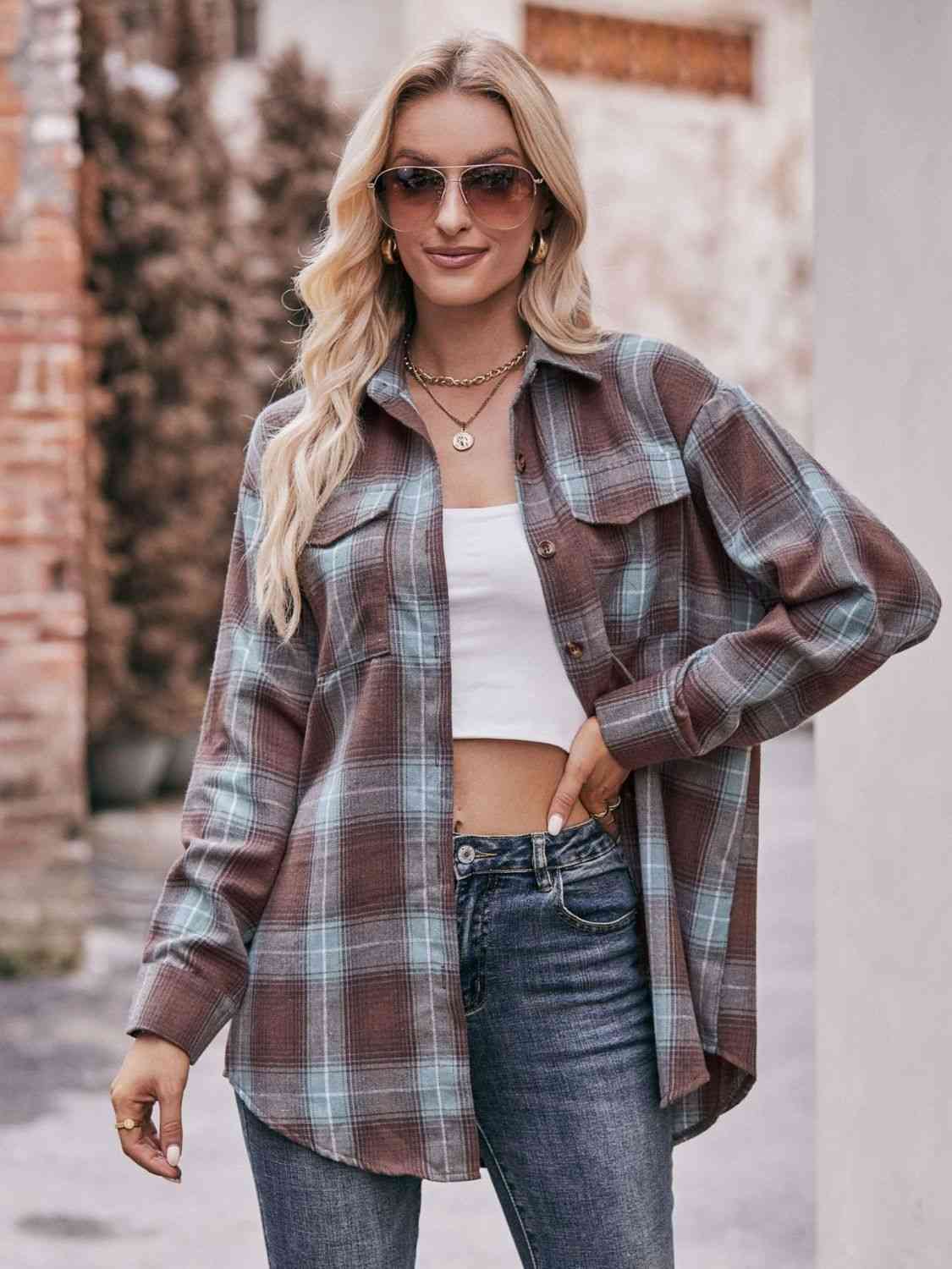 Trendsi Tops Brown Green / S Plaid Dropped Shoulder Longline Shirt