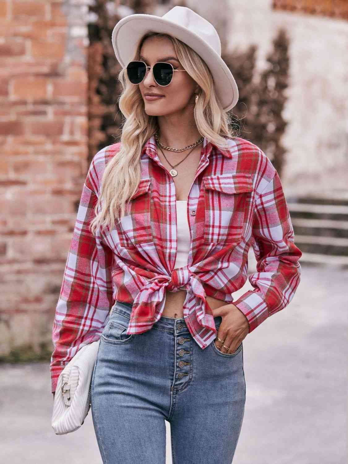 Trendsi Tops Deep Red / S Plaid Dropped Shoulder Longline Shirt