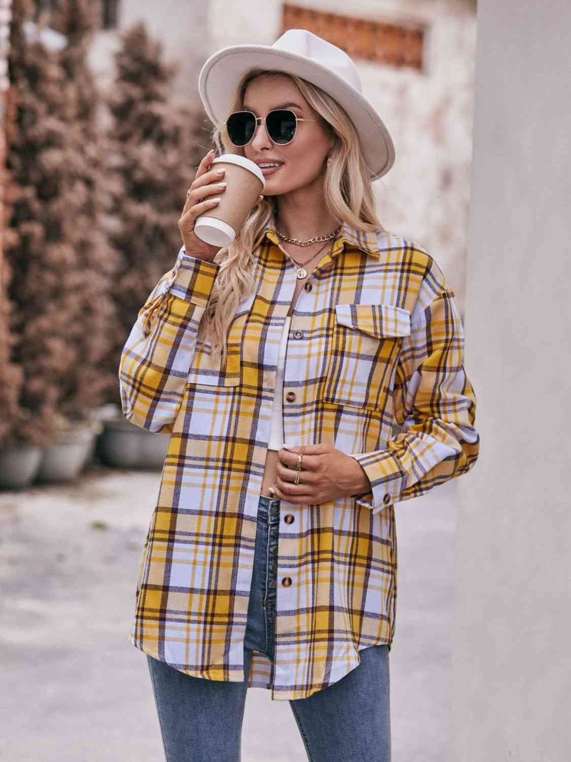 Trendsi Tops Mustard / S Plaid Dropped Shoulder Longline Shirt