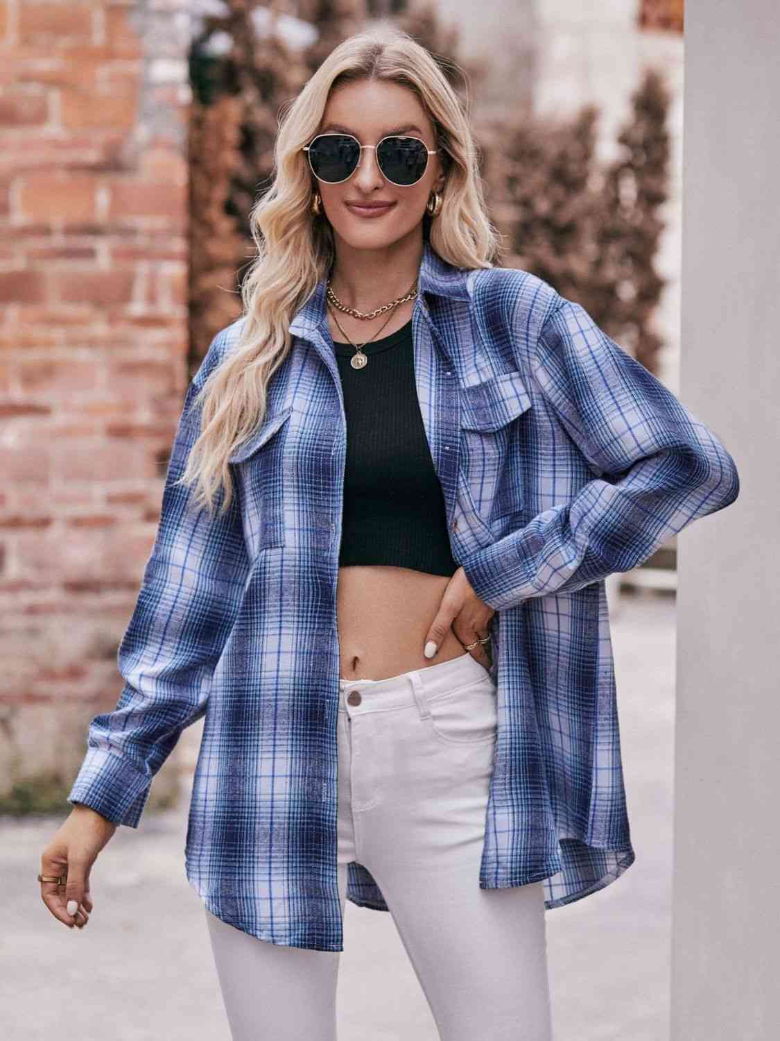 Trendsi Tops Navy White / S Plaid Dropped Shoulder Longline Shirt