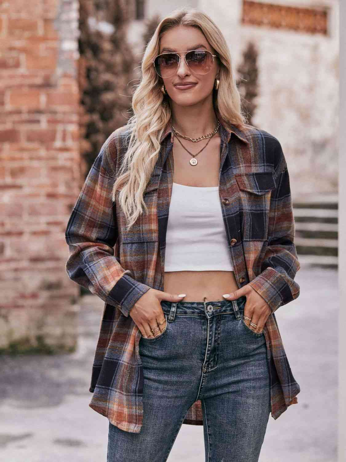 Trendsi Tops Plaid Dropped Shoulder Longline Shirt