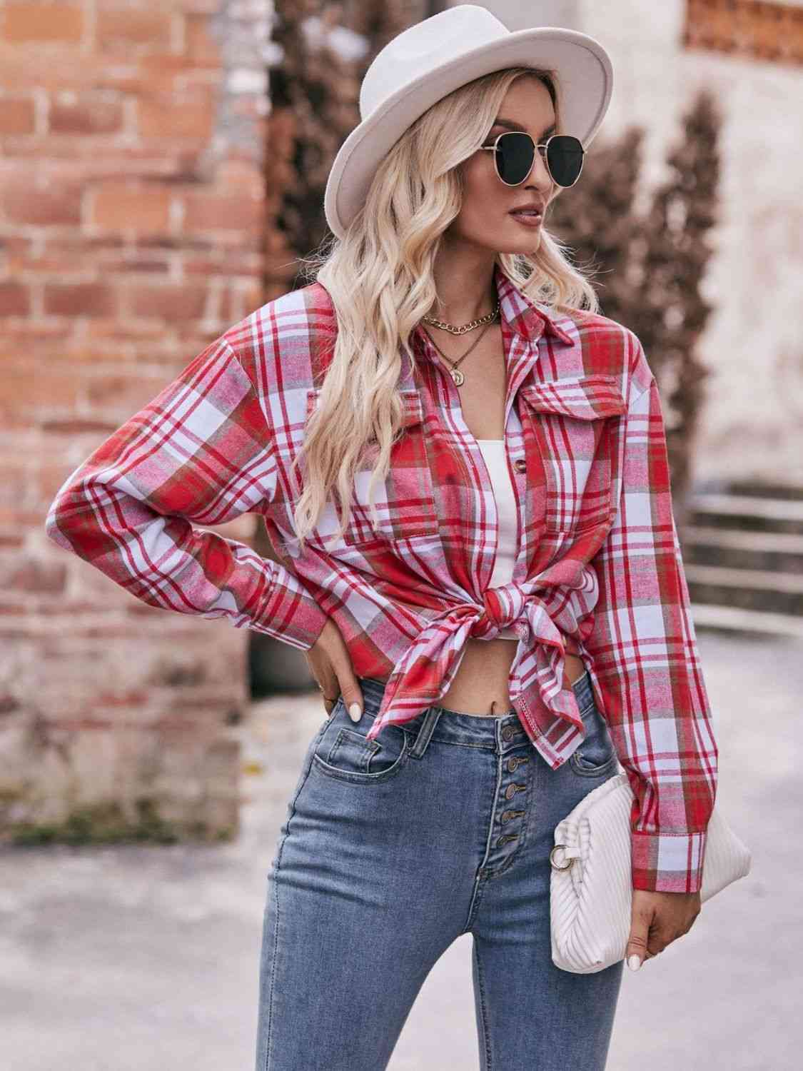 Trendsi Tops Plaid Dropped Shoulder Longline Shirt