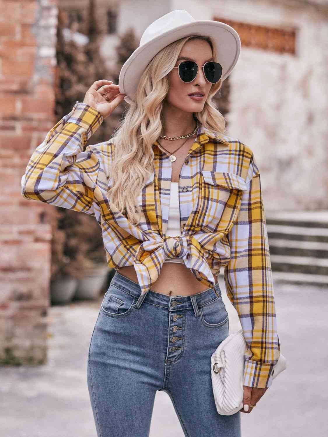 Drop shoulder best sale plaid blouse