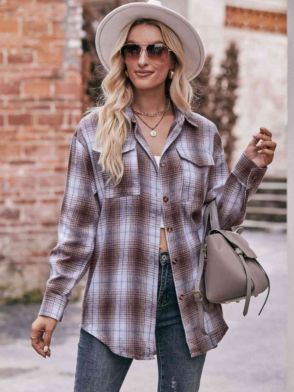 Trendsi Tops Plaid Dropped Shoulder Longline Shirt