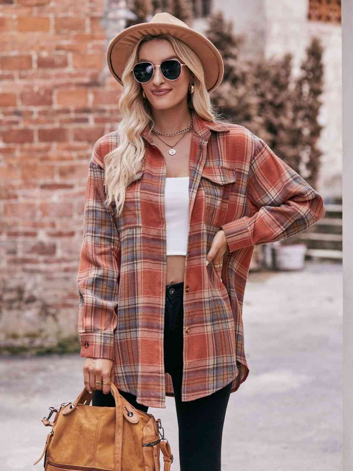 Trendsi Tops Plaid Dropped Shoulder Longline Shirt