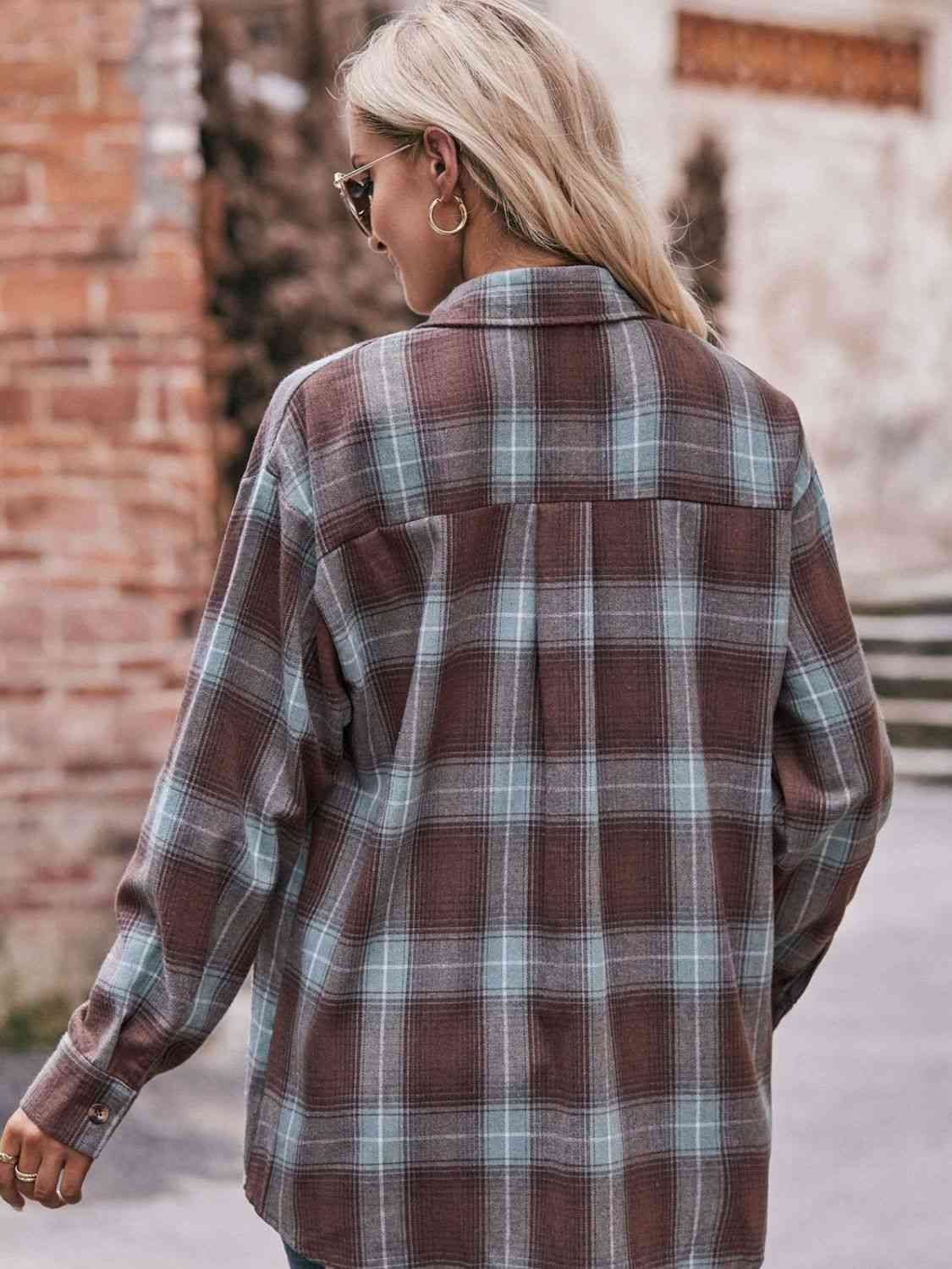 Trendsi Tops Plaid Dropped Shoulder Longline Shirt