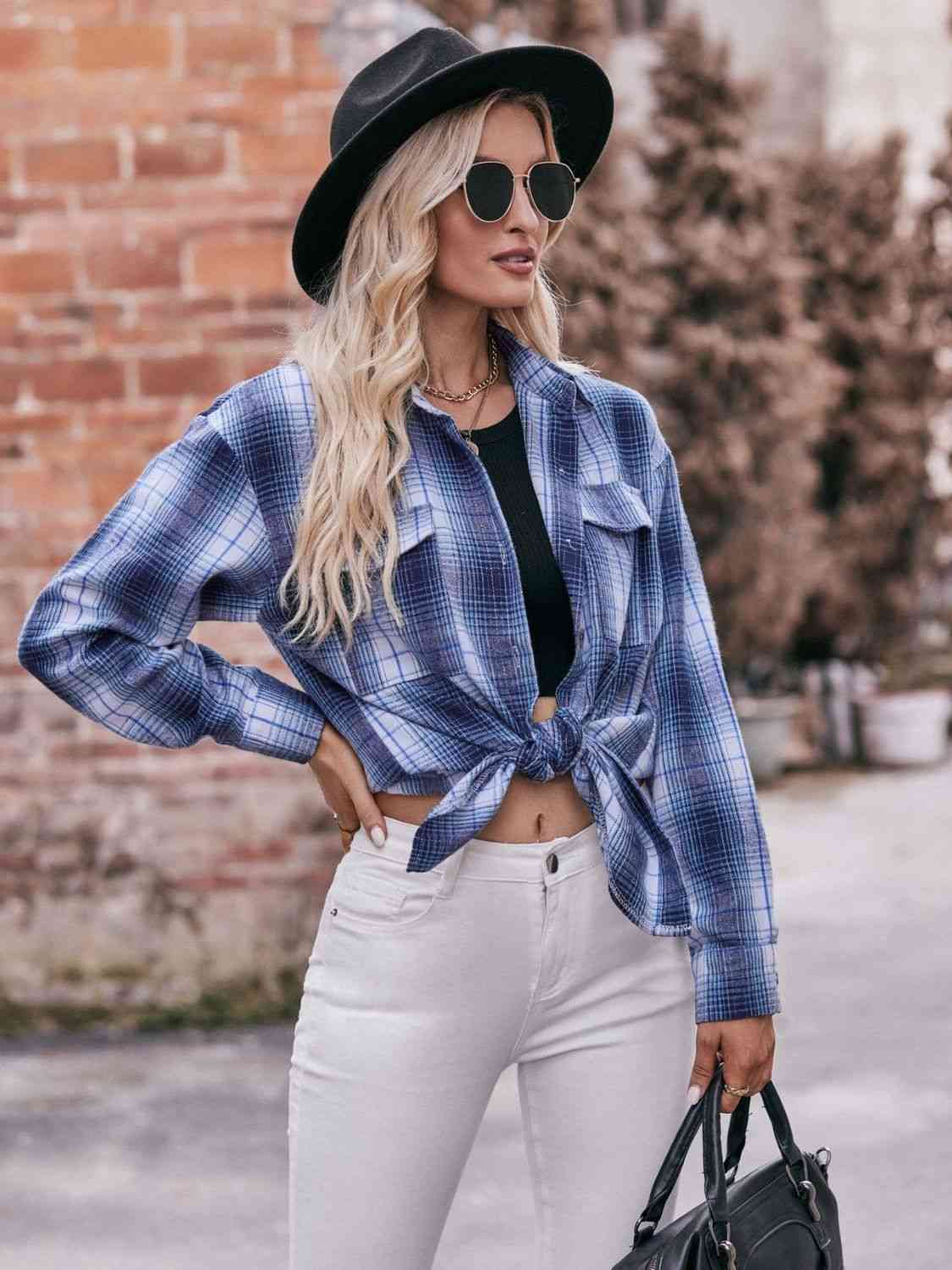 Trendsi Tops Plaid Dropped Shoulder Longline Shirt