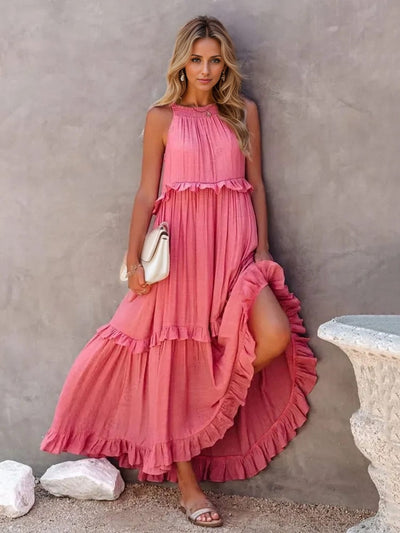 Trendsi Watermelon pink / S Ruffled Sleeveless Tiered Maxi Dress with Pockets