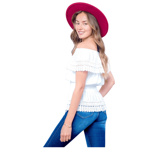 Fashion Corner LA Sleeveless Off The Shoulder Top W/ Elastic on Waist Lace on Edges